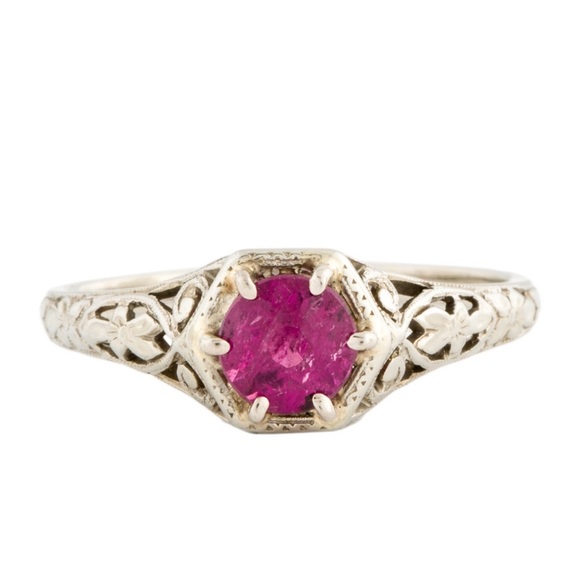 Antique 18K White Gold Art Deco Orange Blossom Tourmaline Solitaire Ring 5.75 - Picture 13 of 15